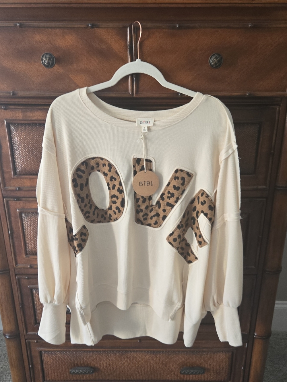 BiBi Cream Pullover Top with Leopard LOVE Applique